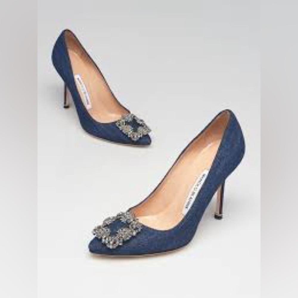 Manolo Blahnik 105mm Denim Blue Jean Hangisi Heels with Crystal Buckle 37.5